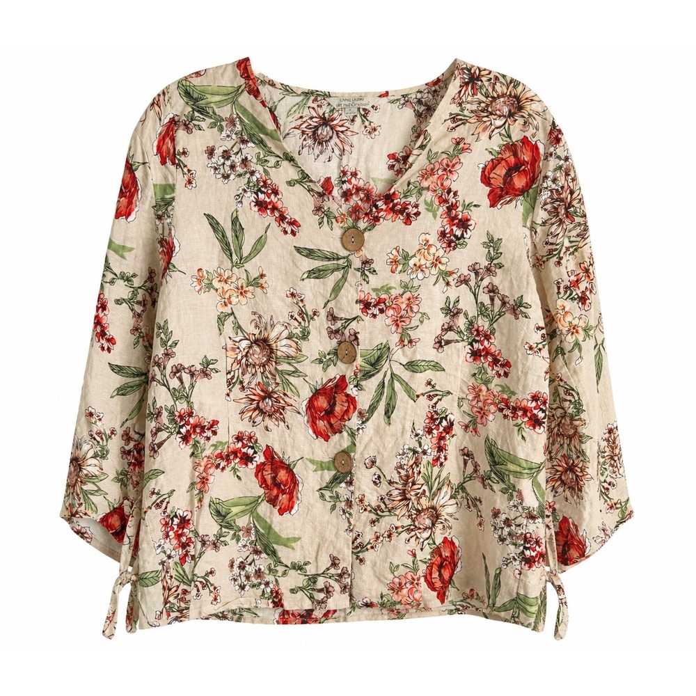 Hester & Orchard Floral Linen Blend Top  Size Large Button Front 3/4 Tie Sleeves